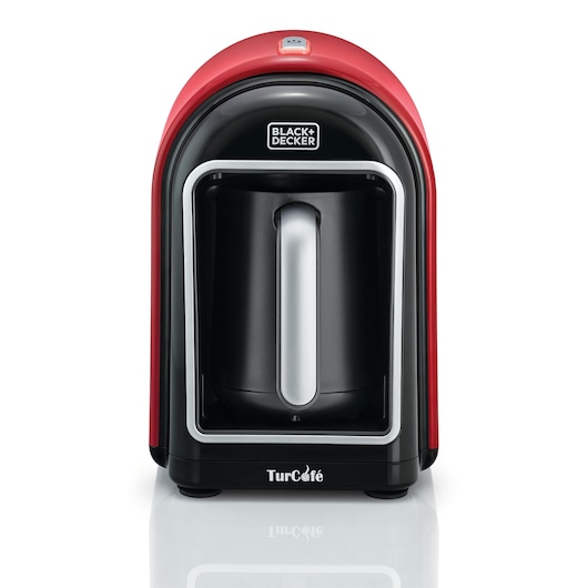 BLACK+DECKER TCM700 coffee maker with red and black design, front angle on white background.
