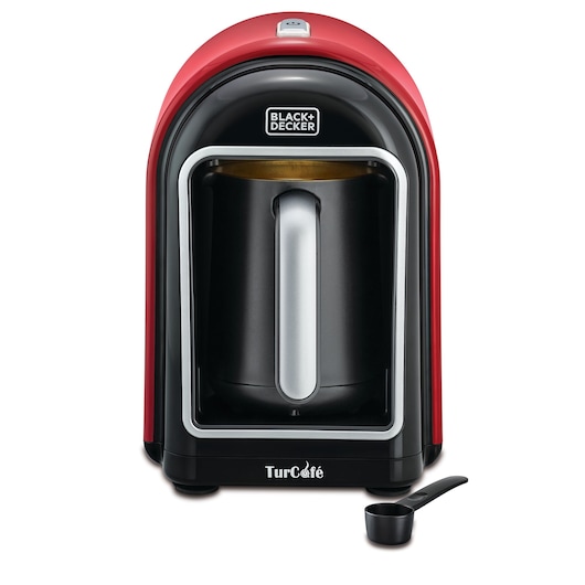 BLACKDECKER TCM700 Turkish coffee machine with a black and red finish and scoop, front angle.