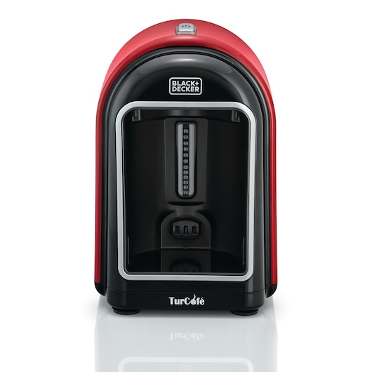 BLACK+DECKER TCM700 coffee maker, front angle, black and red, TurCafe model on white background.