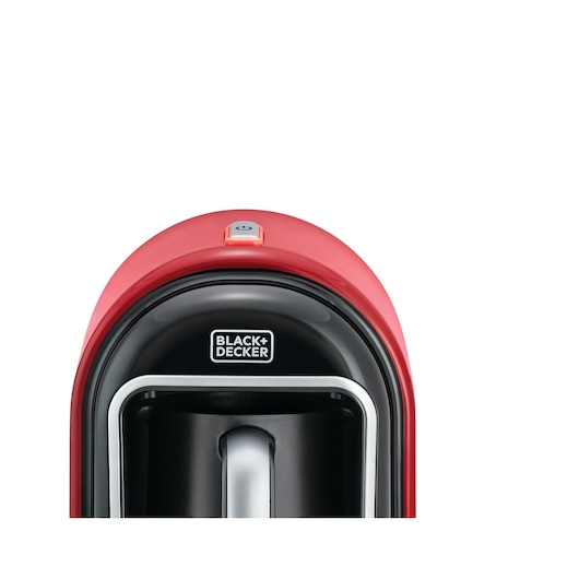 BLACKDECKER TCM700 coffee maker, red and black, front angle, visible power button and handle.