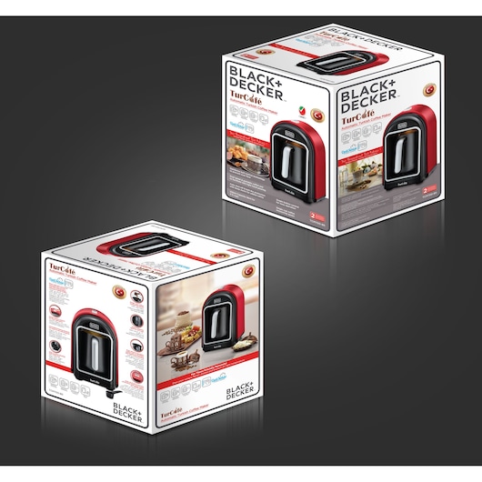 Photo of BLACK+DECKER TCM700 Turkish coffee maker packaging with product image and features on white boxes, angled view.