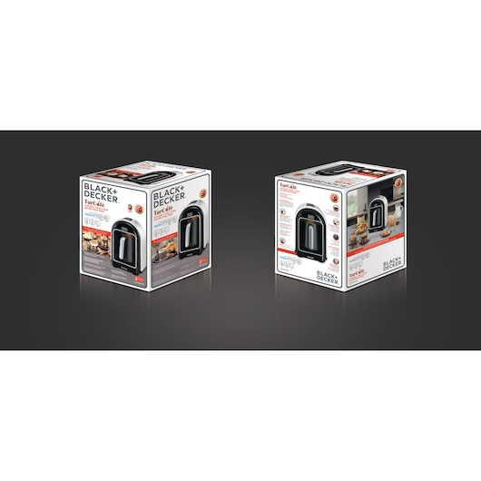 BLACK+DECKER TCM730 coffee maker packaging, two boxes on dark background, front and angled side view.