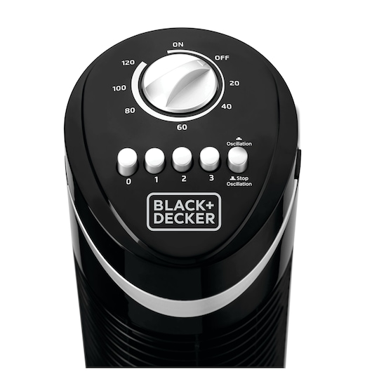 Photo of BLACK+DECKER TF50 tower fan control panel with timer dial, speed buttons, and oscillation controls, top view.