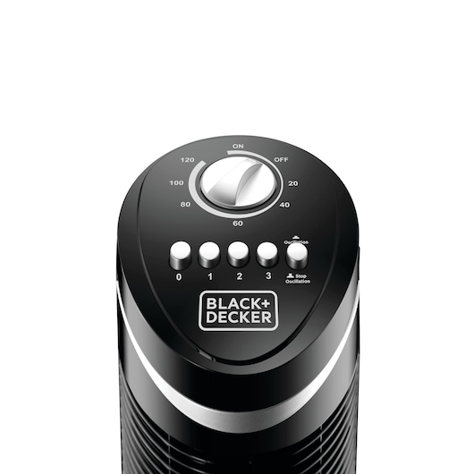 BLACK+DECKER TF50 tower fan top view showing control buttons and logo on black casing.