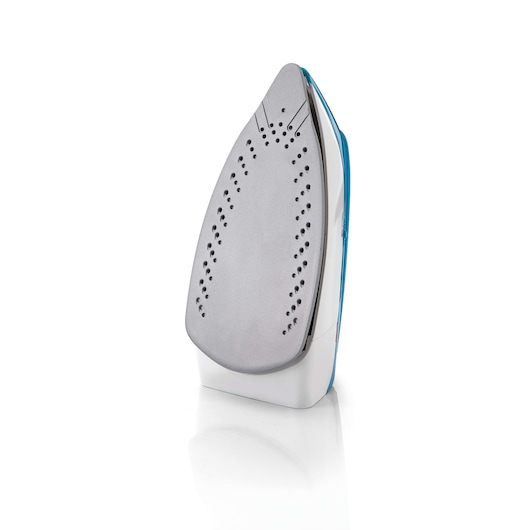 A steam iron standing upright on a white surface, showing its metal soleplate with multiple steam holes.