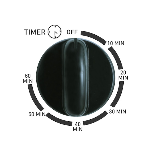 BLACKDECKER TRO1000 timer dial, black knob with marked intervals from 10 to 60 minutes, top angle, photography.