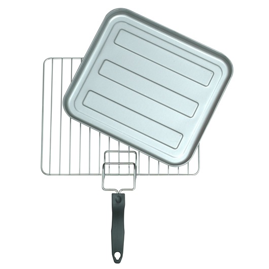 BLACK+DECKER TRO1000 oven rack and baking tray with black handle, top-down view, white background.