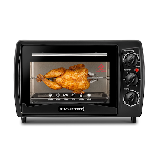 Photo of BLACK+DECKER TRO19RDG black countertop oven with rotisserie chicken inside, front angle on white background.