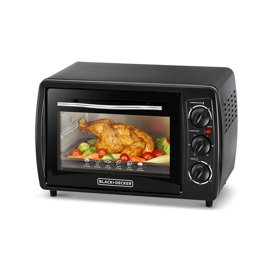 BLACK+DECKER TRO19RDG countertop oven front angle with roasted chicken and vegetables inside.