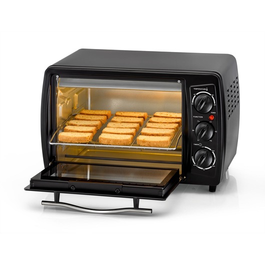 BLACKDECKER TRO19RDG countertop toaster oven with toast inside, front angle on white background.