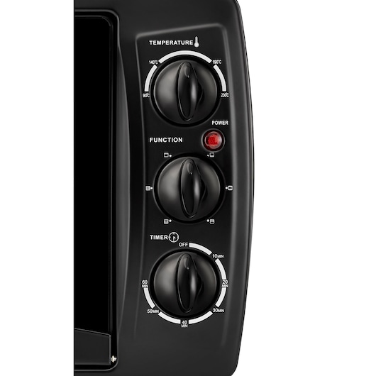 BLACKDECKER TRO19RDG oven control panel close-up showing temperature, function, and timer dials with a power indicator.
