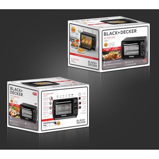 Photo of BLACK+DECKER 19L Toaster Oven TRO19RDG packaging showing product features and oven image, angled view.