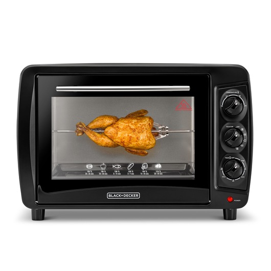 BLACKDECKER TRO35RDG countertop oven with rotisserie function, front angle, whole roasted chicken inside.