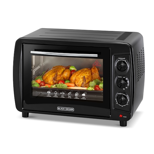 BLACKDECKER TRO35RDG countertop oven with roasted chicken and vegetables inside, front angle view.