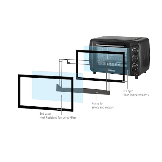 BLACKDECKER TRO35RDG oven diagram showing two-layer tempered glass door and safety frame, front angle.