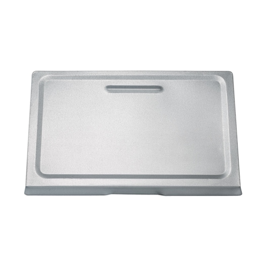 BLACKDECKER TRO35RDG silver rectangular baking tray, top view, with raised edges and slot handle.