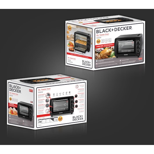 Photo of BLACK+DECKER 35L toaster oven TRO35RDG packaging showing product images, features, and specifications.