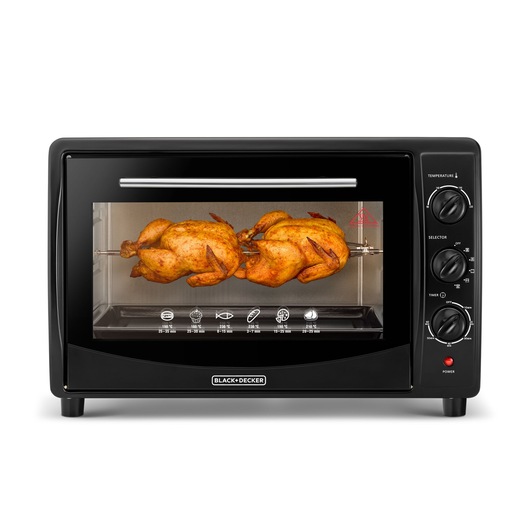 BLACKDECKER TRO45RDG countertop oven front angle with rotisserie function and two roasted chickens inside.