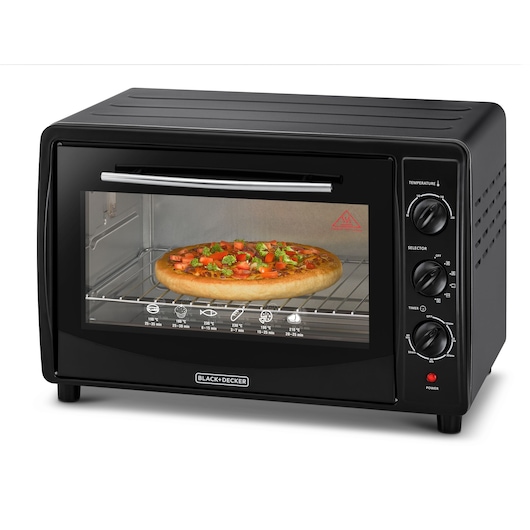 BLACKDECKER TRO45RDG countertop oven with control knobs, glass door, and a pizza cooking inside, front angle.