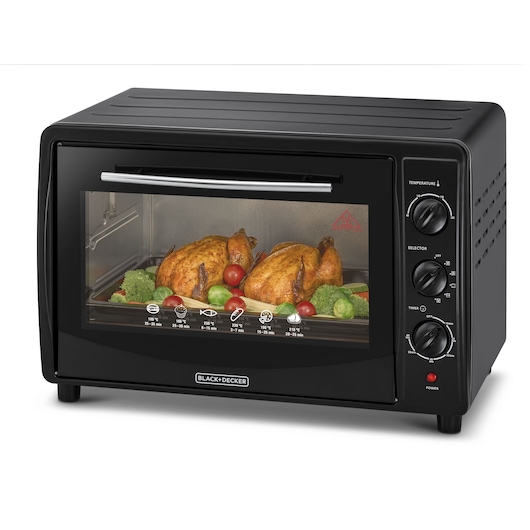 Photo of BLACK+DECKER TRO45RDG black countertop oven with two roasted chickens and vegetables inside, front angle.