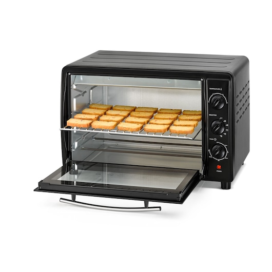 BLACKDECKER TRO45RDG countertop oven with open door, rack filled with slices of bread, front angle on white.