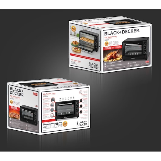 BLACK+DECKER TRO45RDG 45L toaster oven packaging showing convection function and product images on two boxes.