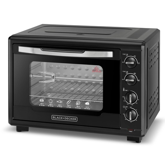 A BLACK+DECKER countertop oven with a black finish, transparent front door, three control knobs on the side, and baking instructions printed on the glass.