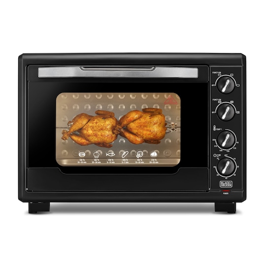 BLACK+DECKER TRO55RDG countertop oven with rotisserie function, black, front view, two roasted chickens inside.