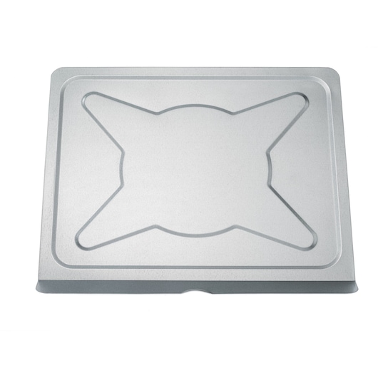 Photo of BLACKDECKER oven baking tray TRO55RDG, silver, rectangular, top view on white background.
