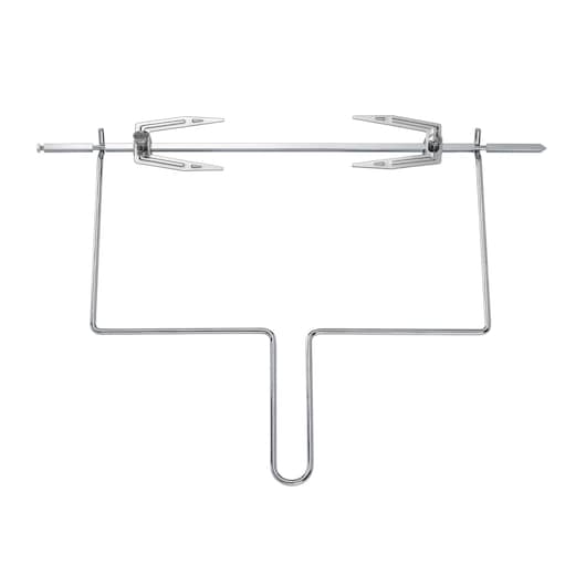 BLACKDECKER TRO55RDG stainless steel rotisserie rack with spit forks, top-down angle, on white background.