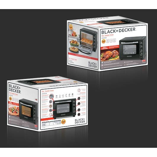 Photo of two BLACK+DECKER 55L toaster oven boxes, SKU TRO55RDG, showing product images, features, and specifications.