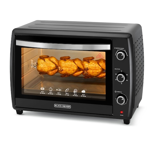 BLACK+DECKER TRO70RDG countertop oven with rotisserie function, black, front angle, whole chicken cooking inside.