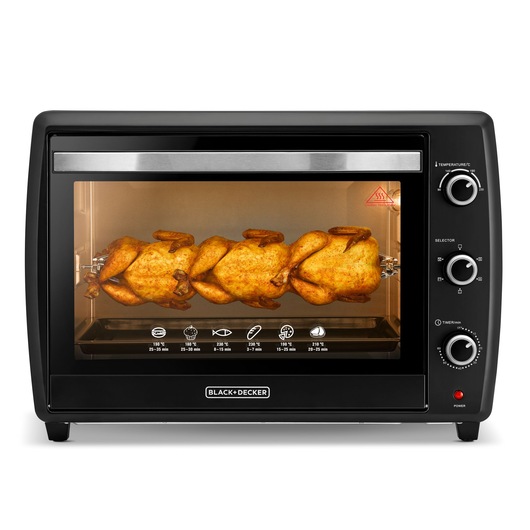 BLACK+DECKER TRO70RDG countertop oven front angle with whole chickens on rotisserie inside.