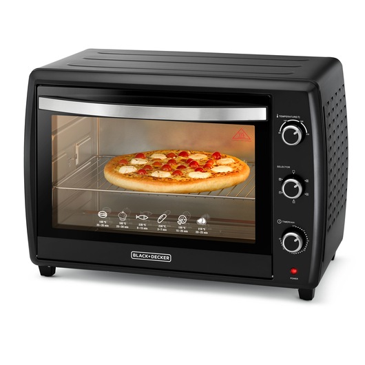 BLACKDECKER TRO70RDG countertop oven, black, front angle, baking pizza inside, three control knobs.