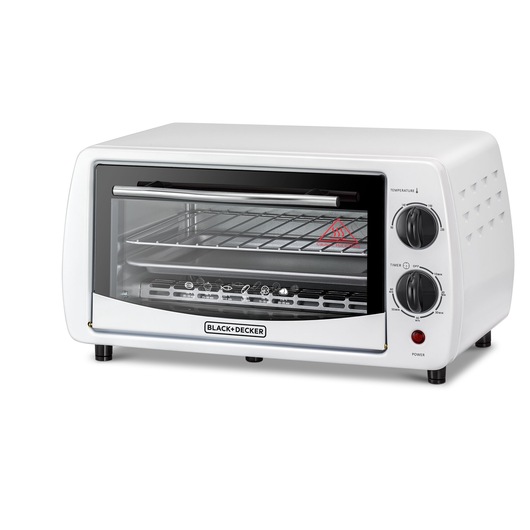 A BLACK+DECKER countertop toaster oven with a white exterior, glass door, two control knobs for temperature and timer settings, and a wire rack inside.