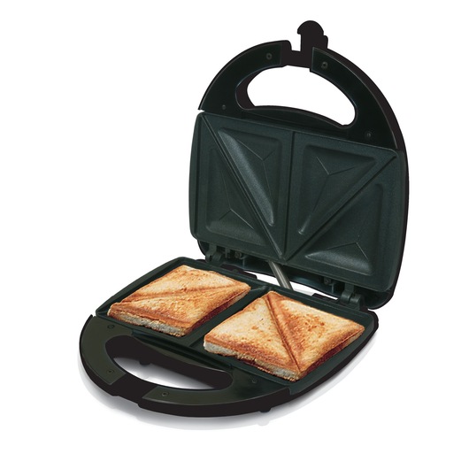 An open sandwich maker with two toasted sandwiches inside. The appliance has a black plastic housing and triangular plates for shaping and heating the sandwiches.