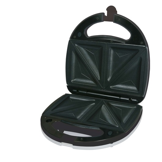 Open BLACK+DECKER sandwich maker with non-stick plates, showing four triangular slots for making sandwiches.