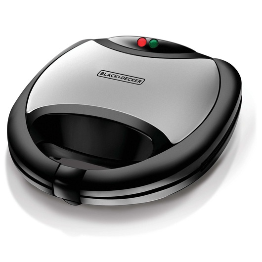 A BLACK+DECKER sandwich maker with a stainless steel and black finish, featuring two indicator lights on top, one red and one green.