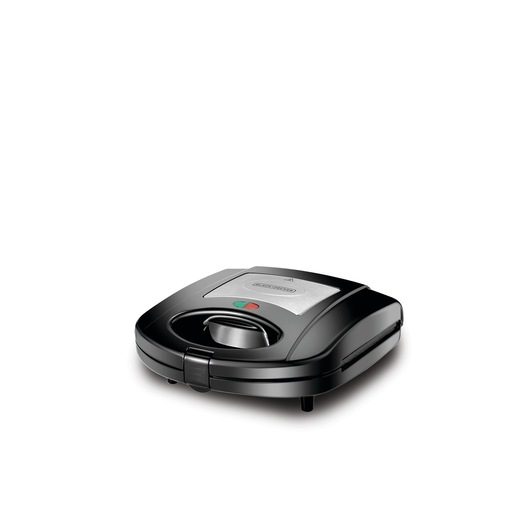 A BLACK+DECKER sandwich maker with a black and silver design, featuring a latch at the front and indicator lights on the top.