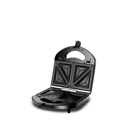 An open BLACK+DECKER sandwich maker with non-stick triangular plates, designed for making toasted sandwiches. The device is black and shown against a white background.