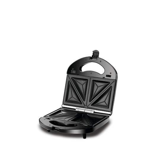 An open BLACK+DECKER sandwich maker with non-stick triangular plates and a black exterior.