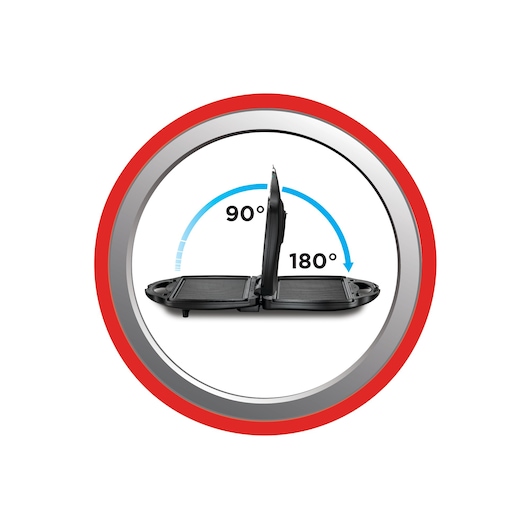BLACKDECKER TS4120 sandwich maker side view showing 90 and 180 degree opening with red circular border.