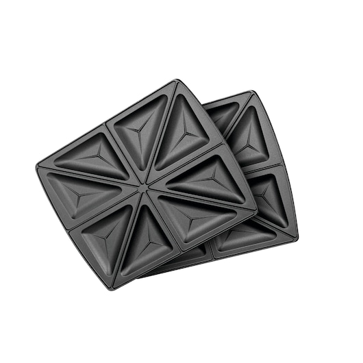 BLACKDECKER TS4120 sandwich maker plates, set of two black nonstick triangular plates, top view, white background.