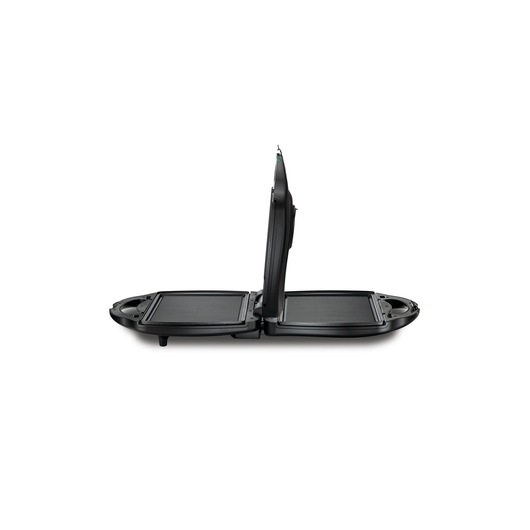 BLACKDECKER TS4130 sandwich maker open flat, black design, shown from side on white background.