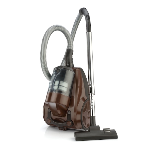 A brown and black canister vacuum cleaner with a transparent dust container, flexible hose, and metal extension tube, shown on a white background.