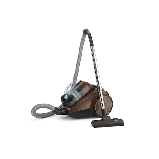 A brown and black canister vacuum cleaner with a transparent dust container and flexible hose, photographed on a white background.