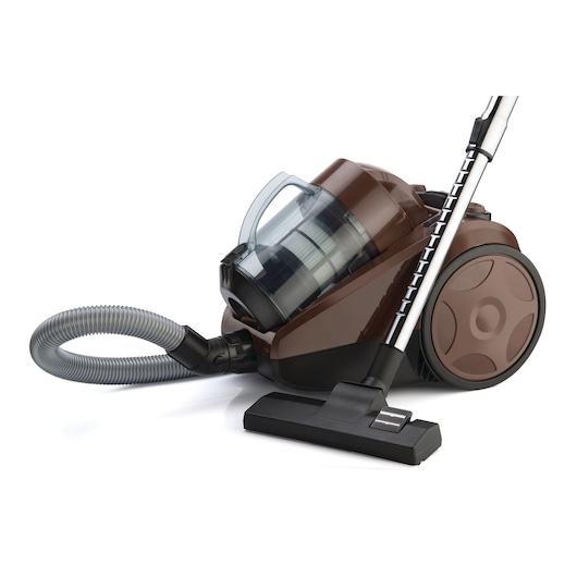 A brown canister vacuum cleaner with a transparent dust container, flexible hose, and a metal extension tube attached to a floor brush.