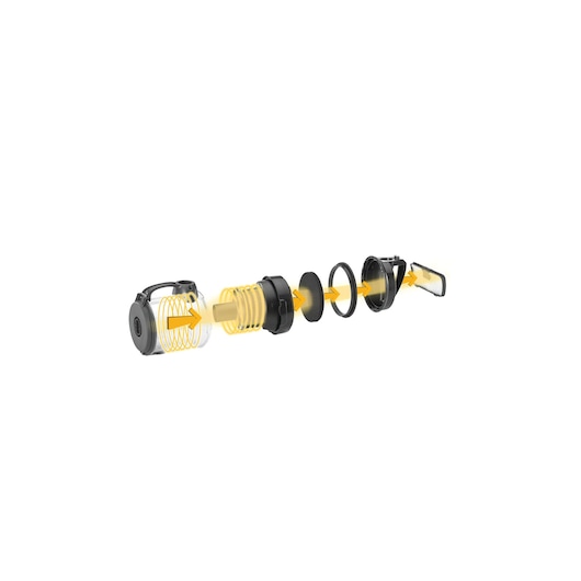 BLACKDECKER VM1480 vacuum cleaner filter system exploded view on white background, showing internal components and yellow airflow.
