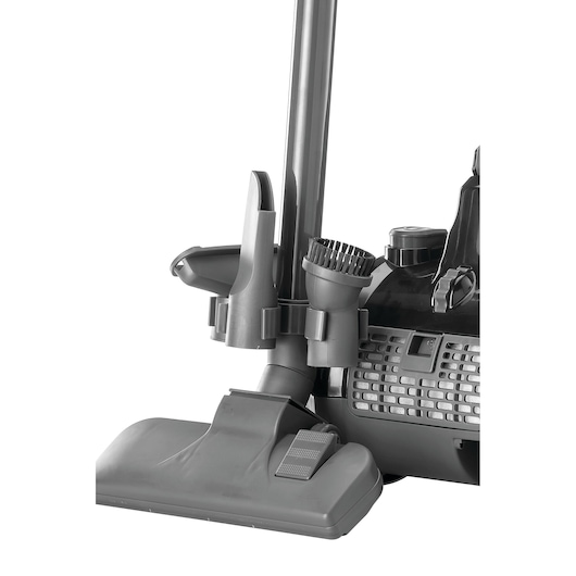 BLACKDECKER VM1480 vacuum cleaner base with attached hoses and brush accessory, side angle.
