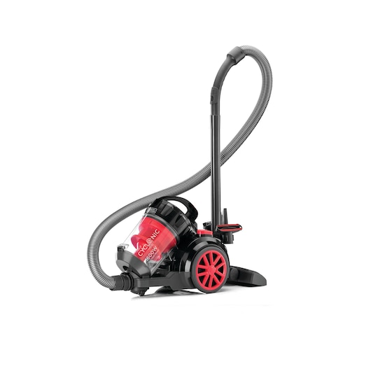 A BLACK+DECKER VM1680 canister vacuum cleaner with a red and black design, featuring a transparent dust container and a flexible hose.